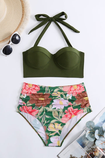 Army Green Printed Two Piece Halter Neck Swimsuit